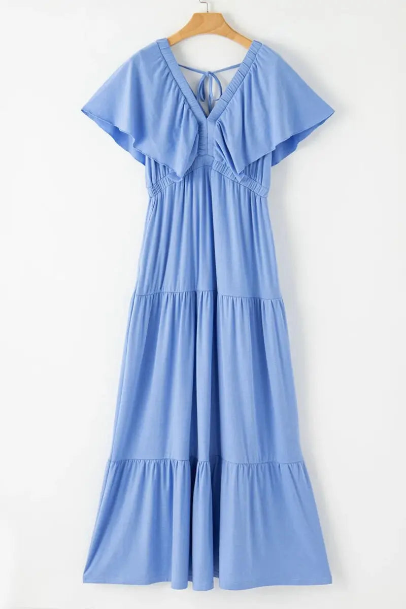 Ruffled V Neck Flutter Sleeve Maxi Dress for Women - Love Salve